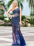 Navy Blue Mermaid One Shoulder Tulle Prom Dress with Beadings LBQ0175